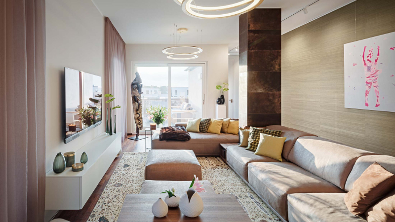 The Best Upholstery in BERLINRODEO's Interior Design fünf morgen penthouse living room in neutral tones, creating an elegant space, full of natural light