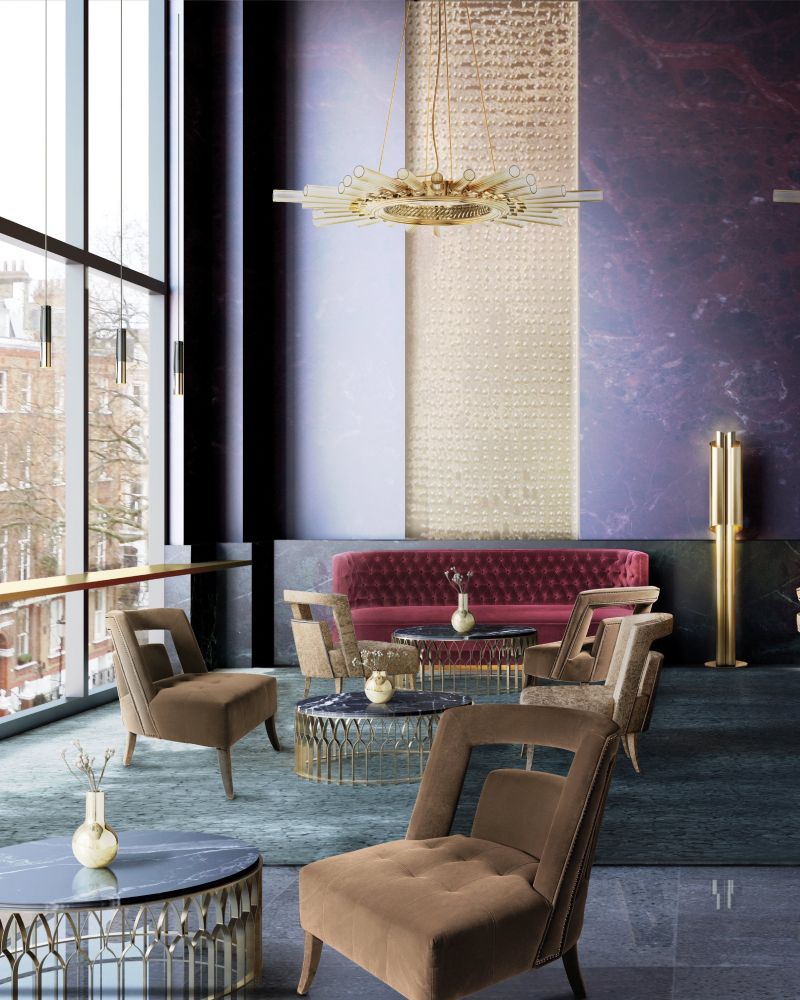 velvet sofa and armchairs, suspension lamp, floor lamp, center tables