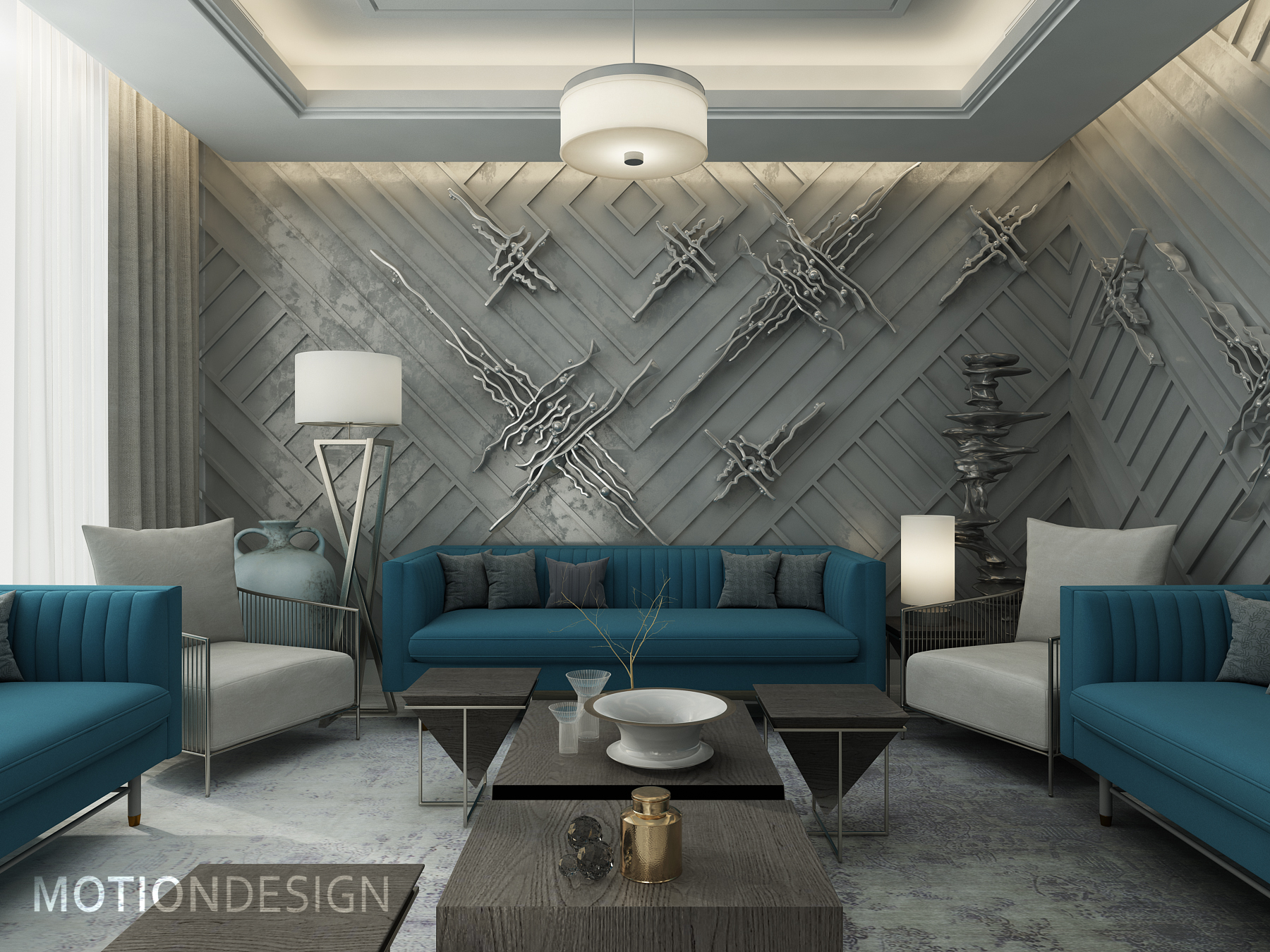 Motion Upholstered Seats. Motion designed a blue colour palette living room with two grey armchairs and luxury elements to fill the space.
